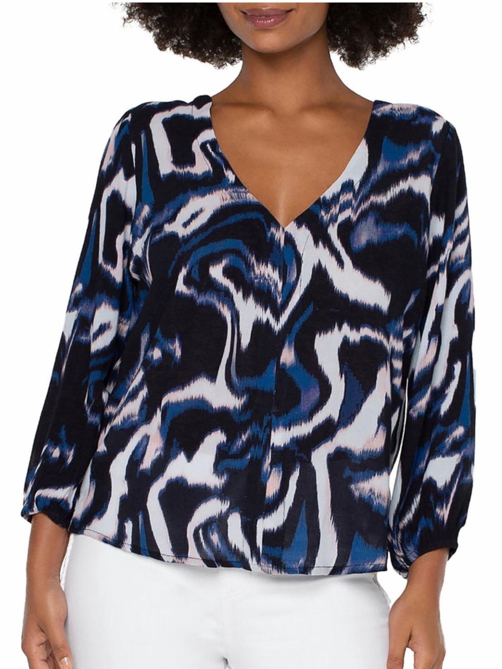 Liverpool Blouse Women's XL Long Sleeve V Neck Top Brushstroke Print NEW NWT